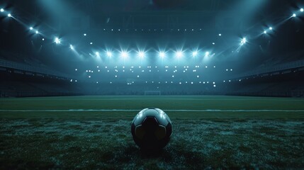 Close up of a soccer ball in the center of the stadium illuminated by the headlights