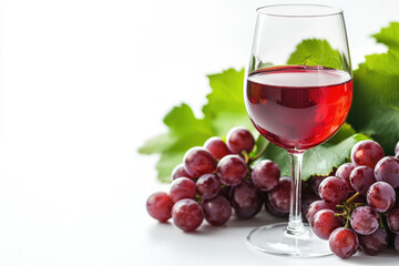 A wine banner featuring a glass of red wine and red grapes on a clean white background