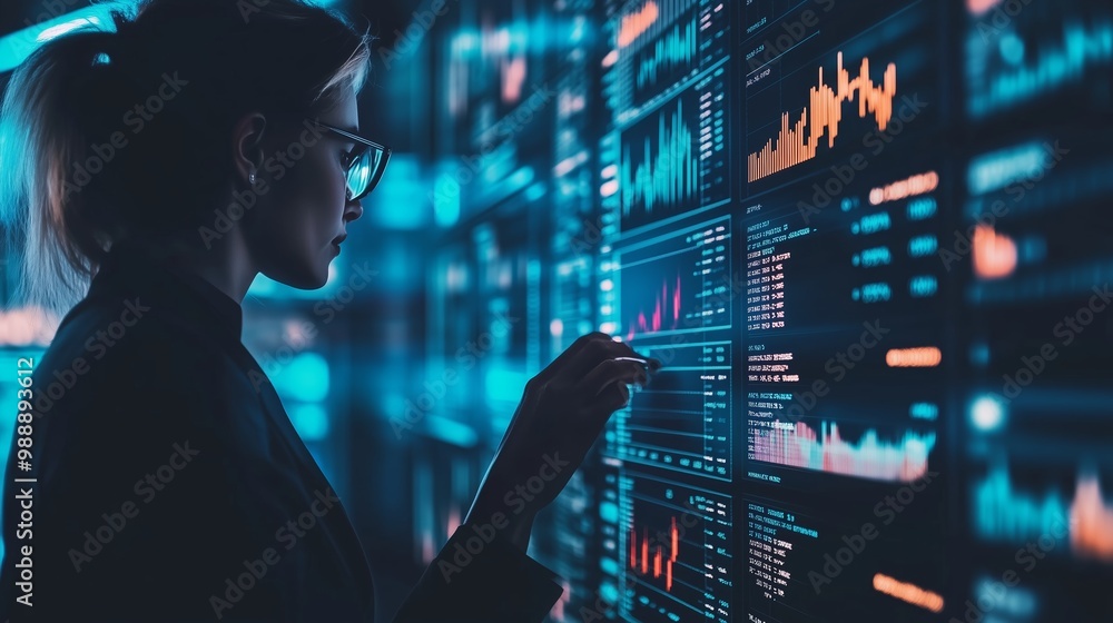 Poster a data analyst examines digital graphs and charts in a modern office during the evening, focused on 
