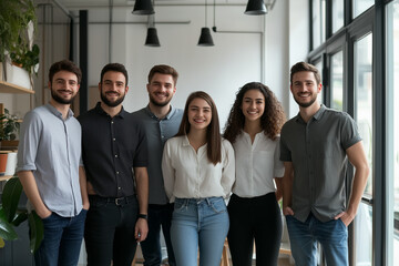 Fototapeta premium Creative, teamwork and smile for portrait, startup and people for collaboration in company. Happy, employees and leadership in office, proposal and goals of business, face and writer in agency