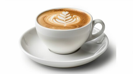 Fototapeta premium Close up shot of hot latte coffee with latte art in a ceramic white cup and saucer on white background with clipping path
