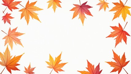 カエデ・紅葉した赤・緑・紫・オレンジの葉が白い背景の上に散らばって敷き詰められている水彩画風の手書き風のイラスト　A hand-drawn watercolor-style illustration of maple leaves in red, green, purple, and orange autumn colors scattered and spread across a white 