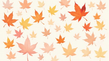 カエデ・紅葉した赤・緑・紫・オレンジの葉が白い背景の上に散らばって敷き詰められている水彩画風の手書き風のイラスト　A hand-drawn watercolor-style illustration of maple leaves in red, green, purple, and orange autumn colors scattered and spread across a white 