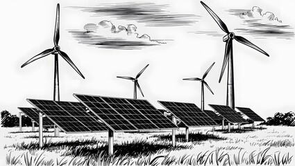 Hand Drawn Illustration of Wind and Solar Energy