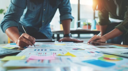 Close up ux developer and ui designer use augmented reality brainstorming about mobile app interface wireframe design on desk at modern office.Creative digital development agency