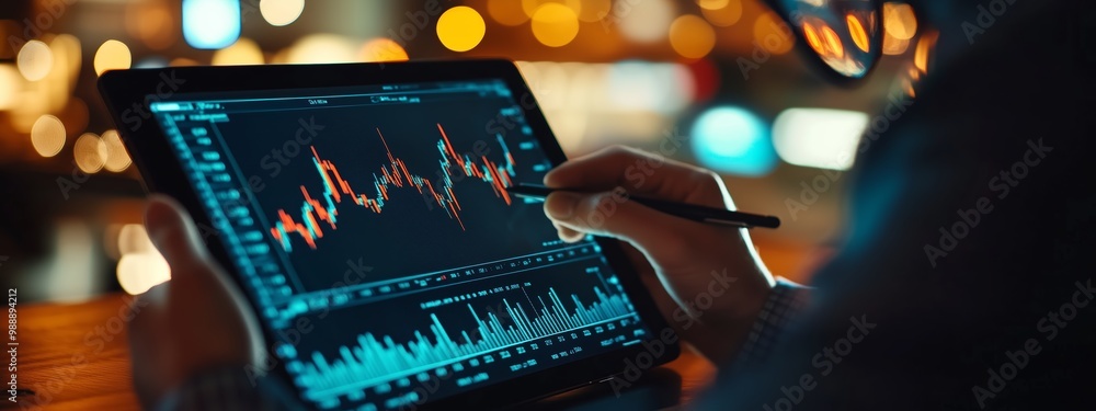 Poster analyzing financial data on a tablet with vibrant charts in a modern workspace during evening hours
