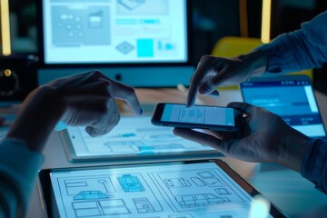 Close up ux developer and ui designer use augmented reality brainstorming about mobile app interface wireframe design on desk at modern office.Creative digital development agency