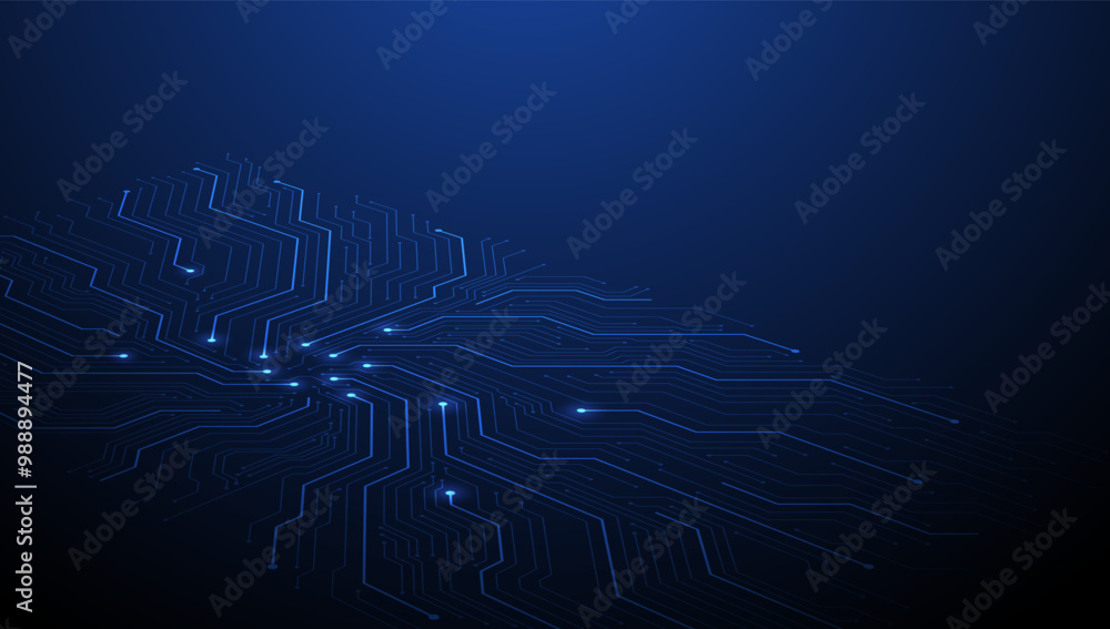 Poster isometric circuit background in blue. technology circuit board background. ai chip, electronics elem