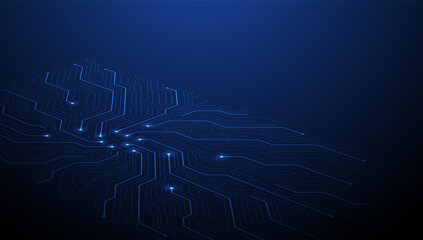 Isometric circuit background in blue. Technology circuit board background. Ai chip, electronics elements, and connected dots. Data tech bg. Abstract vector illustration.