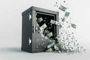 Closed and reliable steel safe with lot of money in it has a hole in side wall, money are flying away, concept of destroyed safe, 3d illustration on white background