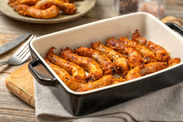 Baked chicken necks in a culinary ceramic baking dish on a serving board on a gray wooden table closeup