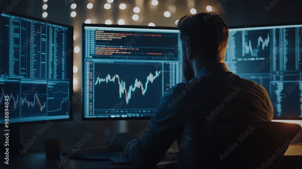 Poster a data analyst monitors multiple screens displaying financial graphs and charts in a dimly lit offic
