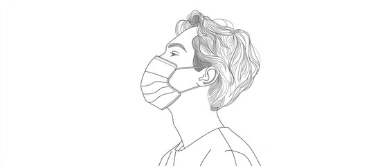 Fototapeta premium One continuous line drawing of a young man wearing a protective face mask representing a cartoon character in a minimalist style reflecting health safety