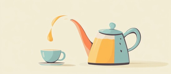Retro cartoon illustration of a kettle pouring liquid featuring flat colors and a playful design