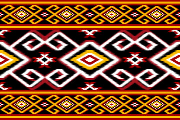 This high quality, colorful Ikat, featuring ethnic tribal patterns, stands out with vibrant shades of red, yellow, black and turquoise, perfect for fabric printing, digital backgrounds and fashion 