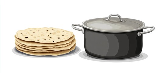 An illustration featuring a stack of chapattis alongside a metal cooking pot with a lid set against a white background