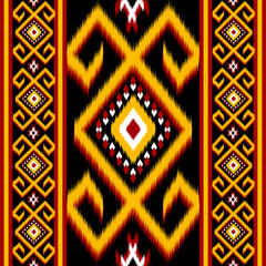 This high quality, colorful Ikat, featuring ethnic tribal patterns, stands out with vibrant shades of red, yellow, black and turquoise, perfect for fabric printing, digital backgrounds and fashion 