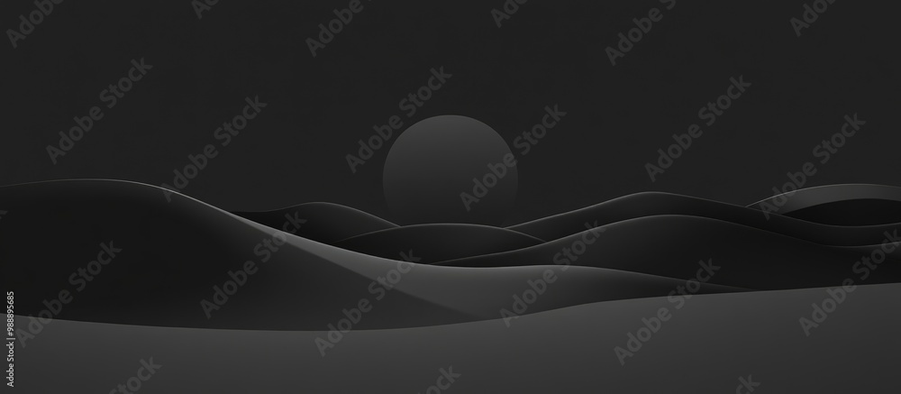 Poster flat black background featuring a circular shape in black creating a minimalist landscape effect
