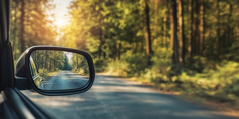 Rear view side mirror of a car on a highway, seen through the rear view mirror. Generative AI