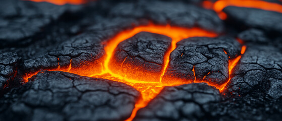Close-up of glowing lava cracks in black volcanic rock, showcasing nature's raw power and beauty in a mesmerizing eruption.