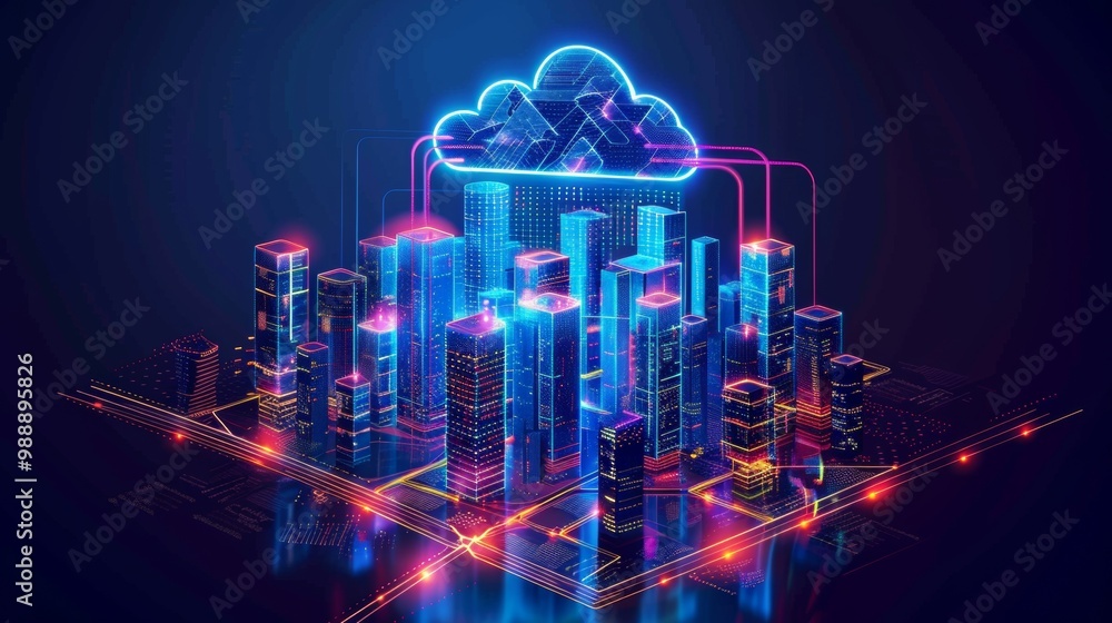 Poster cloud computing concept. smart city wireless internet communication with cloud storage, cloud servic