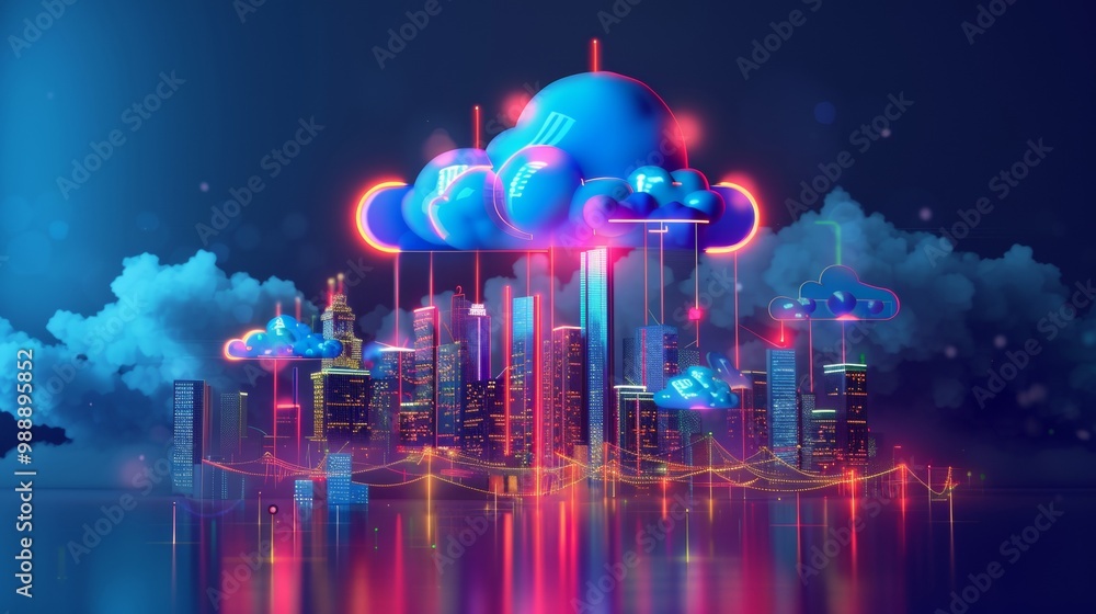 Poster cloud computing concept. smart city wireless internet communication with cloud storage, cloud servic