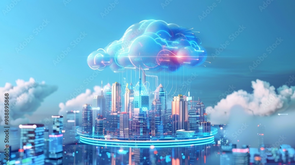 Poster cloud computing concept. smart city wireless internet communication with cloud storage, cloud servic