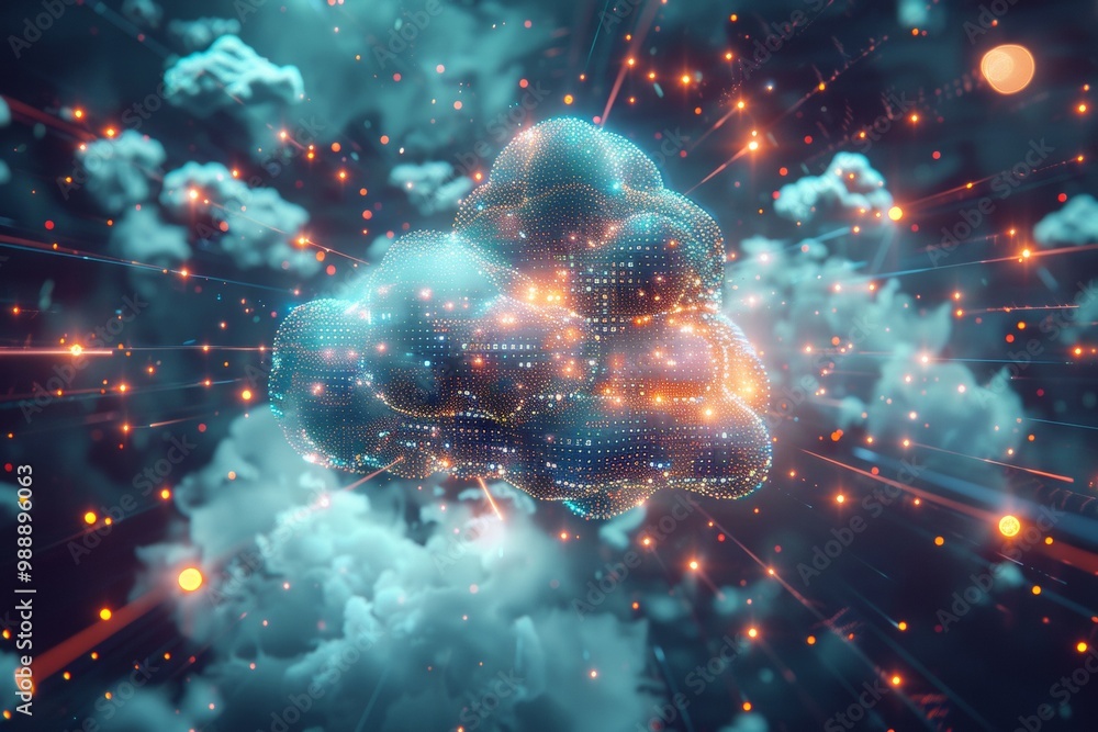Poster cloud storage icon robotic system, cell plexus atom science, abstract futuristic cyber network serve