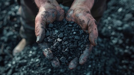 Coal grains in man coal miner's hands over a pile, closeup. Coal house heating and home heating energy. Mining industry and environment protection. Coal air polution. Closeup