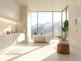 A bathroom with a large bathtub and a wooden stool. The bathroom has a view of mountains