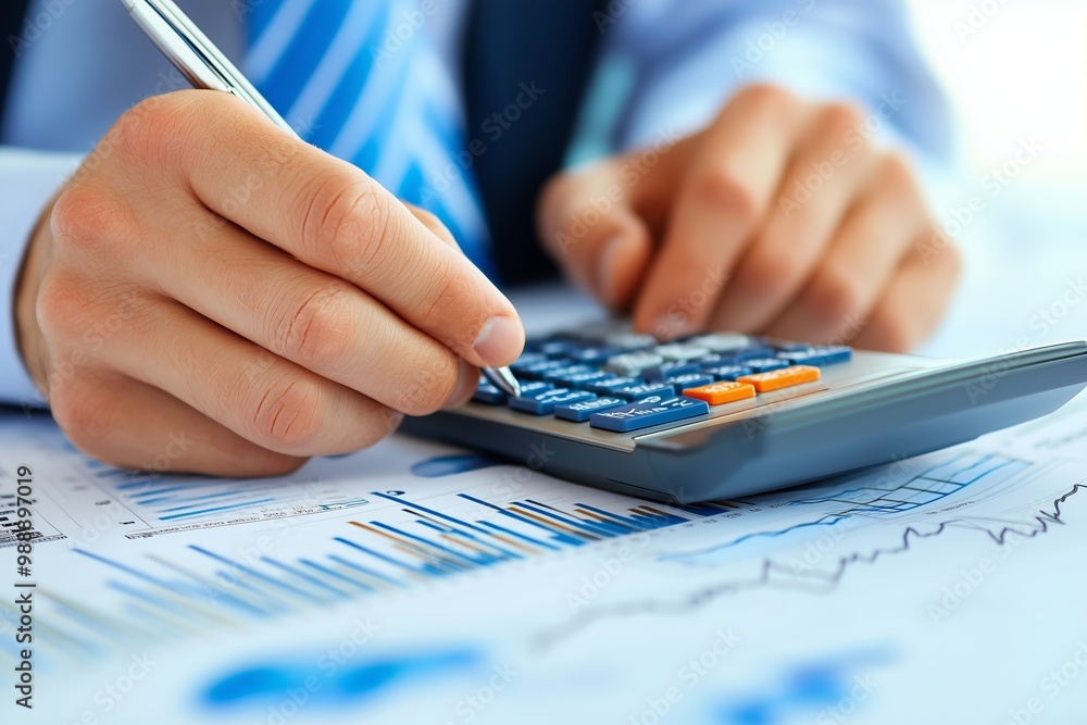 Poster a businessman using a calculator while analyzing financial reports at a desk in a modern office