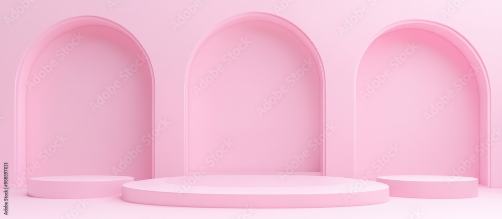 Poster light pastel lavender pink backdrop featuring a minimalistic 3d render of podium stands and geometri