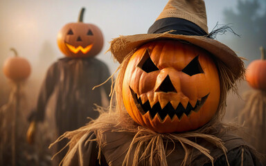 straw scarecrow with pumpkin head, halloween