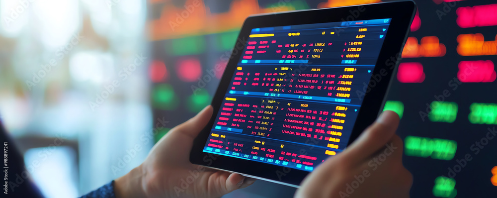 Poster hands holding a tablet with a currency exchange platform open, displaying conversion rates and marke