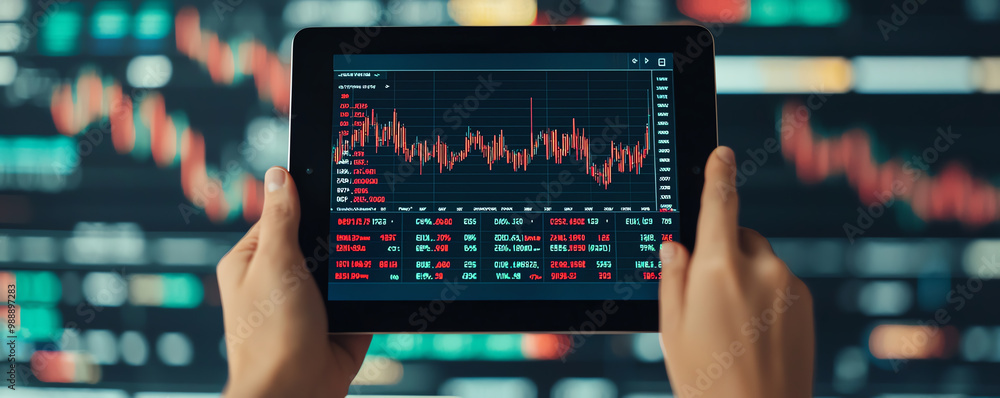 Poster hands holding a tablet with a currency exchange platform open, displaying conversion rates and marke