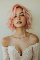 Fototapeta premium A stylish woman with trendy pastel pink hair, posing confidently against a neutral background