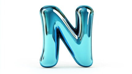 3D illustration of a shiny teal blue uppercase letter N with a mirror finish in a rustic font set against a white background featuring a clipping path