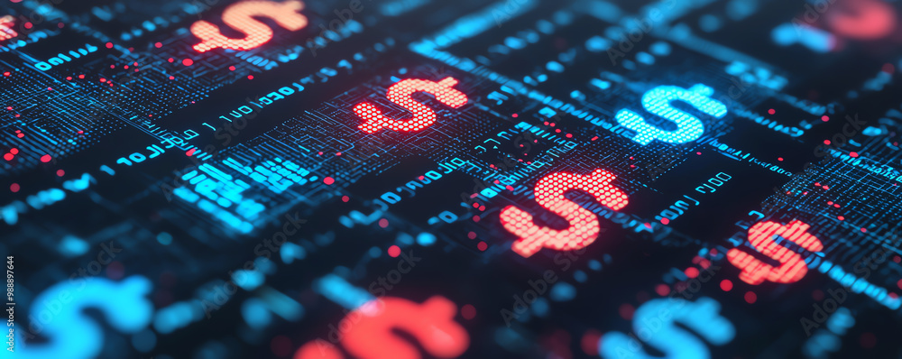 Poster abstract representation of currency symbols floating over a digital platform, symbolizing exchange a