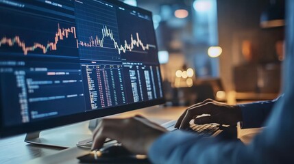 Person analyzing financial data on a modern computer screen during nighttime at a work desk in an office setting