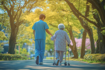 Fototapeta premium Caregiver is teaching old woman to walk with walker. Professional nurse and patient walking outdoor at sunset. Assistance, rehabilitation and health care.