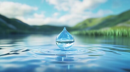 A single water droplet creates ripples on a serene lake surrounded by green hills under a bright blue sky