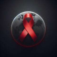 Red ribbon with a symbol of AIDS on black background