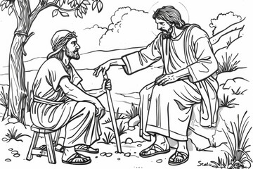 Coloring book artistic image of kids coloring book jesus heals the blind man