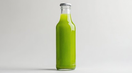 Fototapeta premium A bottle of vibrant green juice set against a white background, representing a fresh, healthy beverage option.