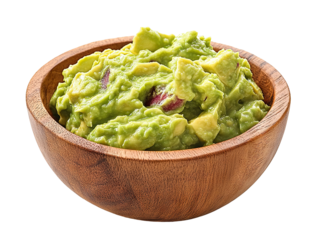 Guacamole in a wooden bowl, delicious, isolated on transparent cutout background