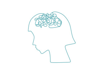 A minimalist vector of a human head silhouette with tangled lines inside, representing confusion or mental disarray. The abstract design symbolizes stress, overthinking, or psychological struggles  