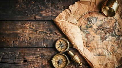 Columbus day and world map with compass. Treasure manuscript