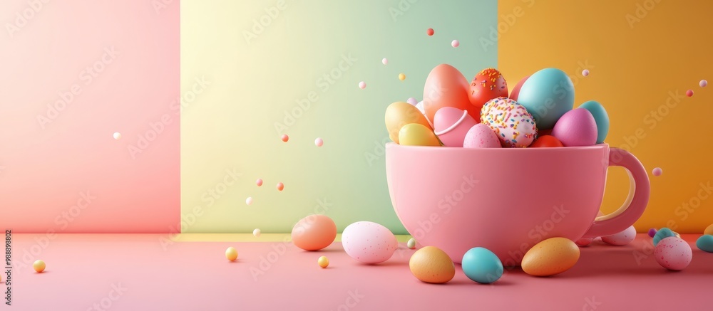 Poster 3d render of a cup filled with sweets and eggs presented in a flat lay style with a four color backg