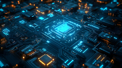 Circuit Board with Blue and Orange Lights 3D Illustration