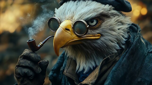 A bald eagle with a pipe, glasses, and a hat, looks thoughtfully at the camera.
